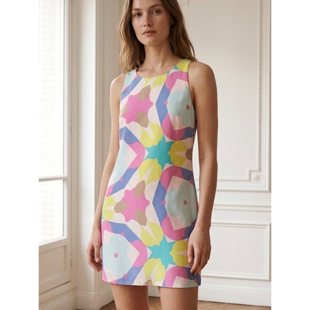 Britt Ryan Silk Pastel Kaleidoscope Racerback Sleeveless Shift Dress M